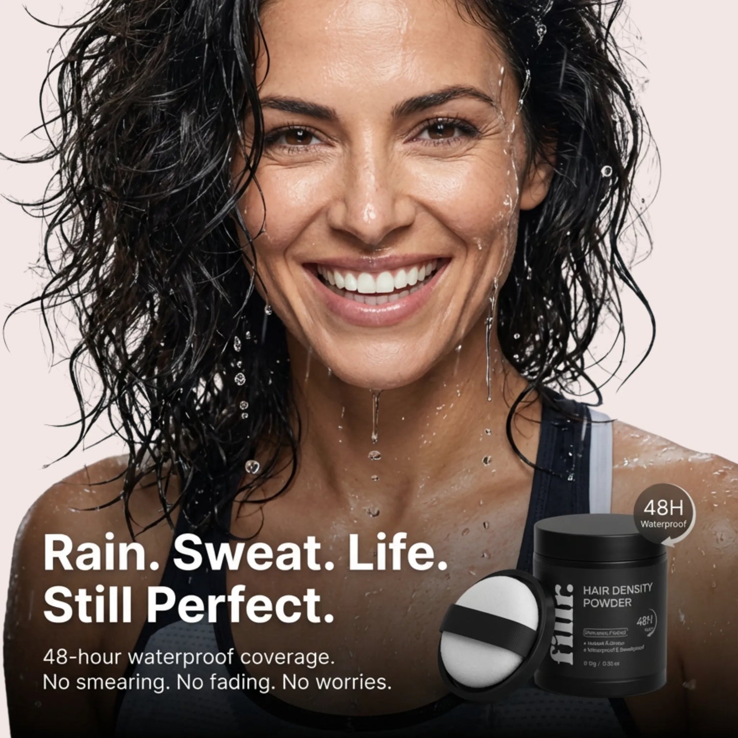 Portrait of a women with water effects showcasing Fillr's Waterproof Hair Fiber that helps conceal thinning hair.