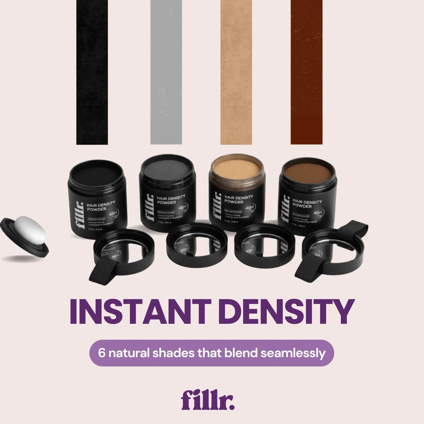 Multiple jars of thinning hair & bald spot concealers. Text says that fillr's hair density powder brings instant density that resists through sleep and working out.