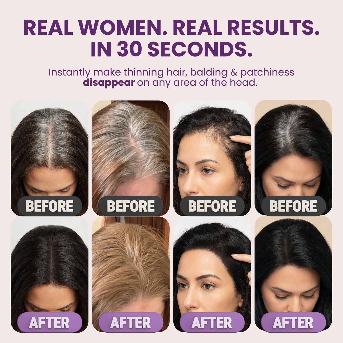 Before and after hair fiber results on a women's head with text claiming instant hair improvement.