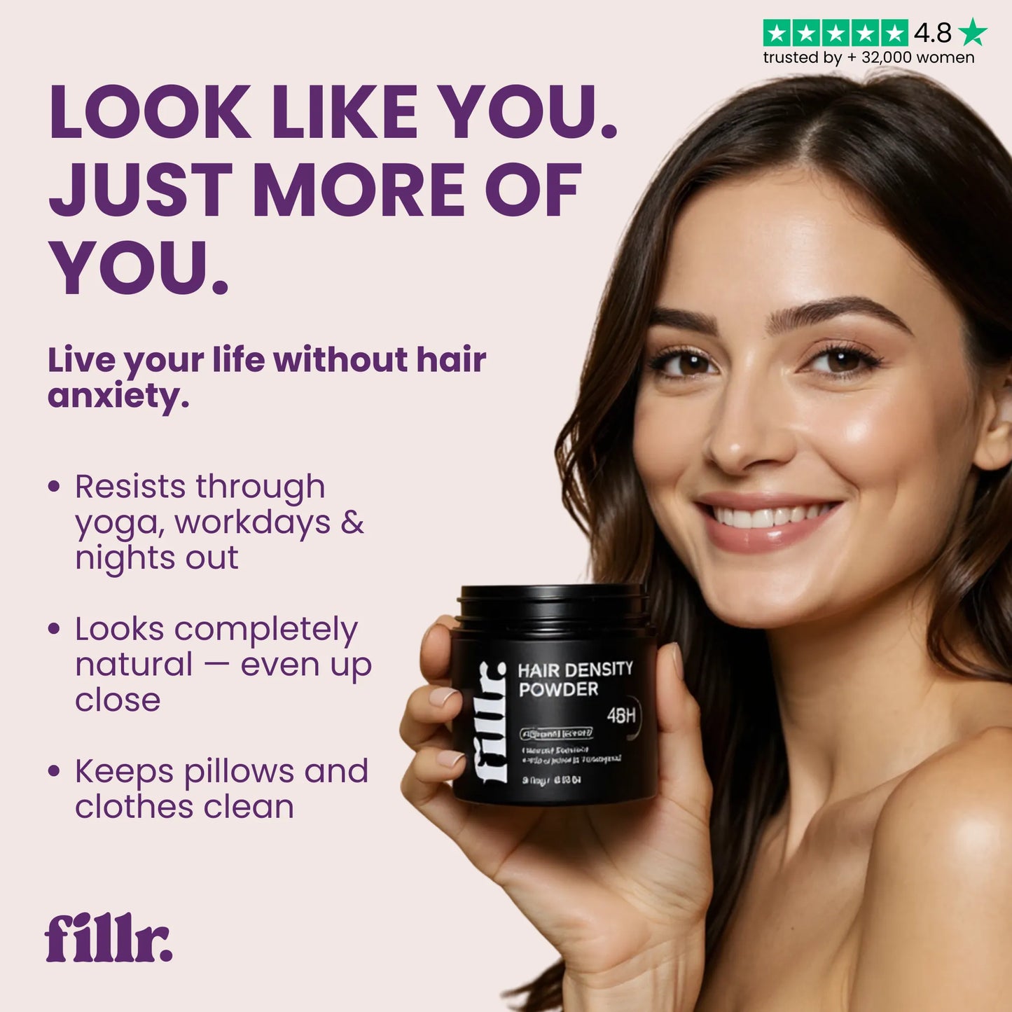 Woman holding a container of 'fillr' hair density powder with promotional text on a light pink background.